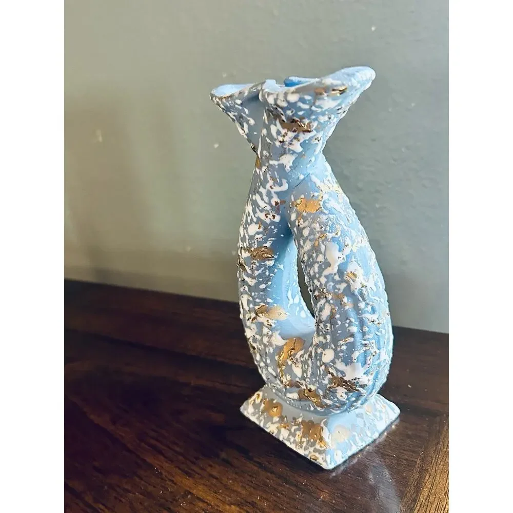 Mid-century modern blue splatter paint vase for double stems with white and gold
